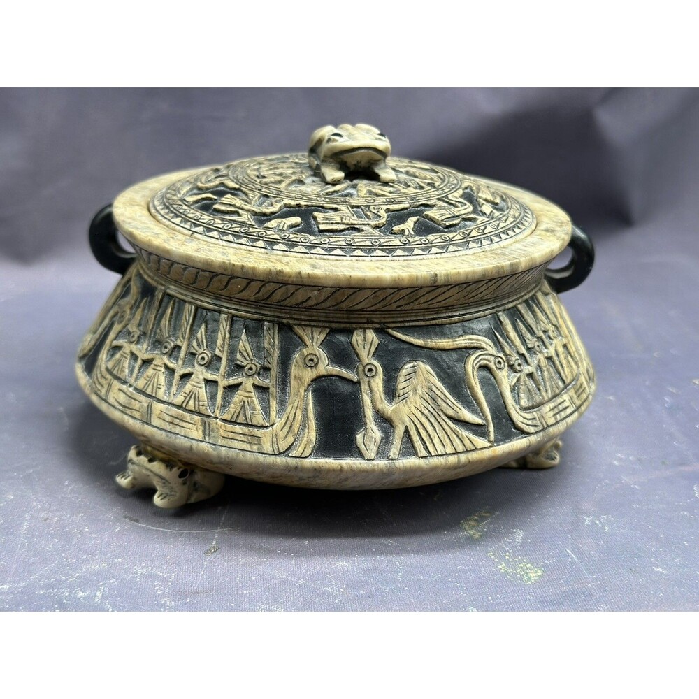 Carved Stone Cranes Frogs Footed Lidded Accent Box Shelf Sitter